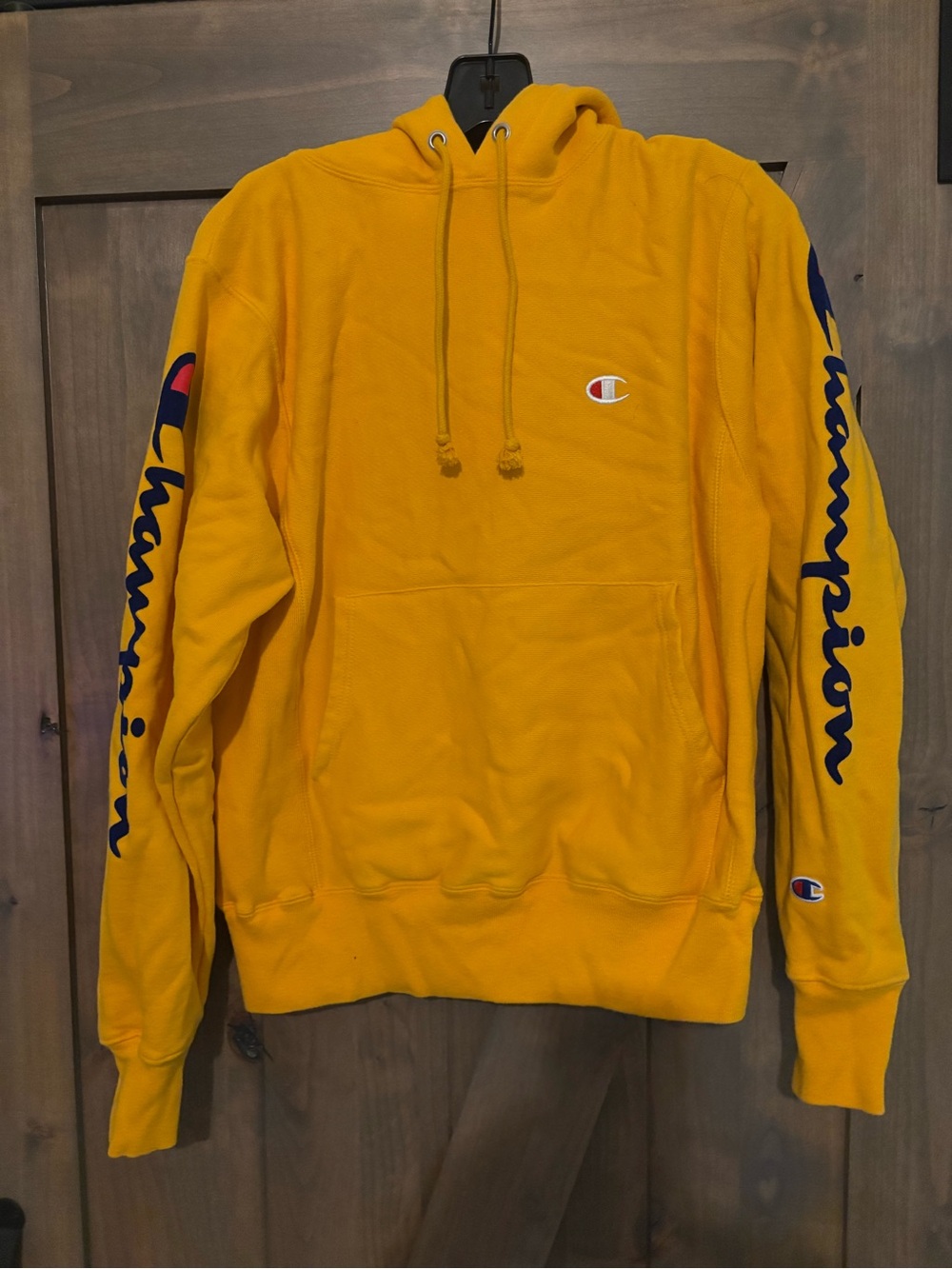 Champion Yellow Pullover Hoodie with Navy Sleeve Script
